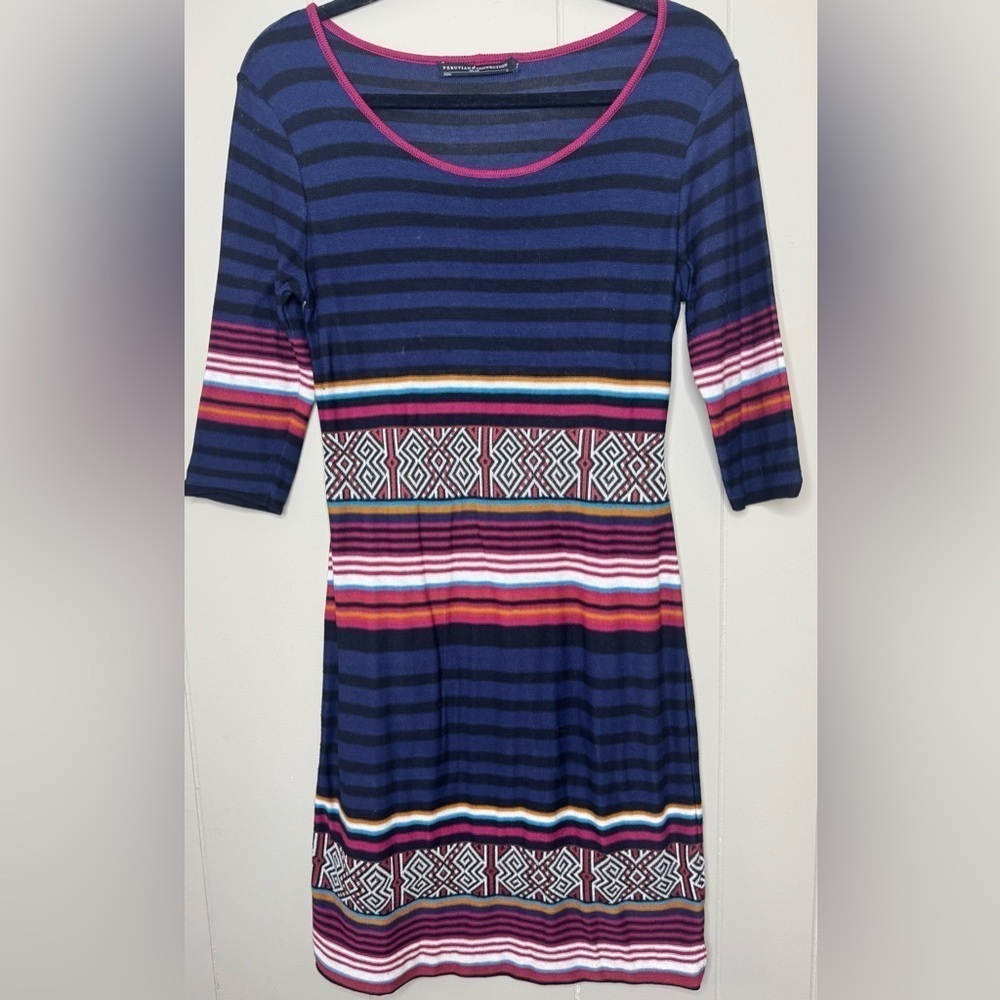 Peruvian Connection 100% Pima Striped Cotton 3/4 Sleeve Dress Womens Small